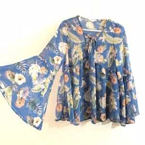 Peach Love Ca blue tropical floral print sheer top